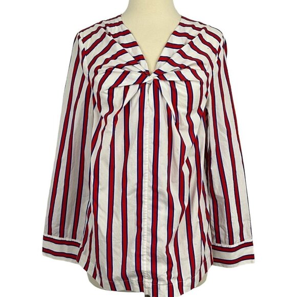 MSGM Women's EUR 40 Blouse Red White Striped Long Sleeve V Neck Zip Back Cotton - Picture 1 of 11